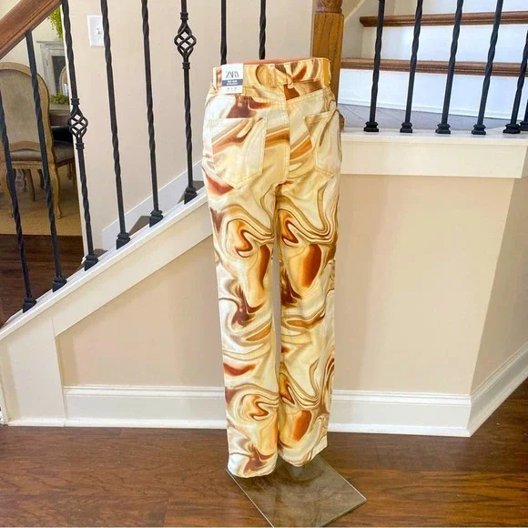 NWT ZARA Mid Rise Straight Leg Brown Swirl Jeans, size 0 - Picture 4 of 13